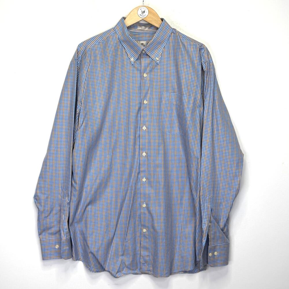 Peter Millar Mens XL Blue Orange Plaid Button Down Shirt Classic Fit FL Gators